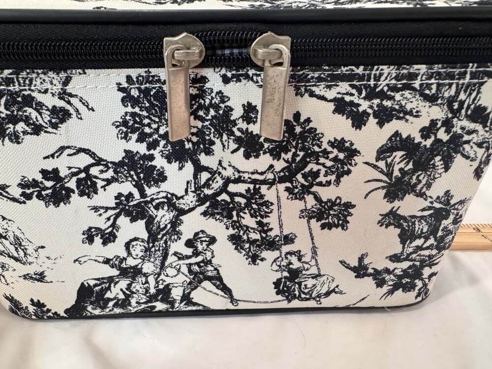 Unbranded Toile Travel Train Case Black White Toile De Jouy Vanity Bag